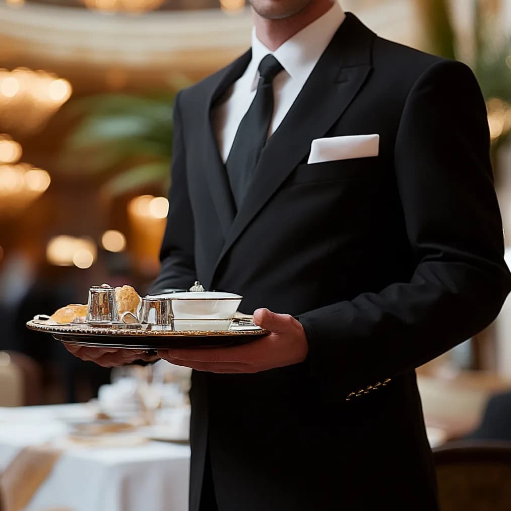 A hotel concierge carrying a tray of refreshments