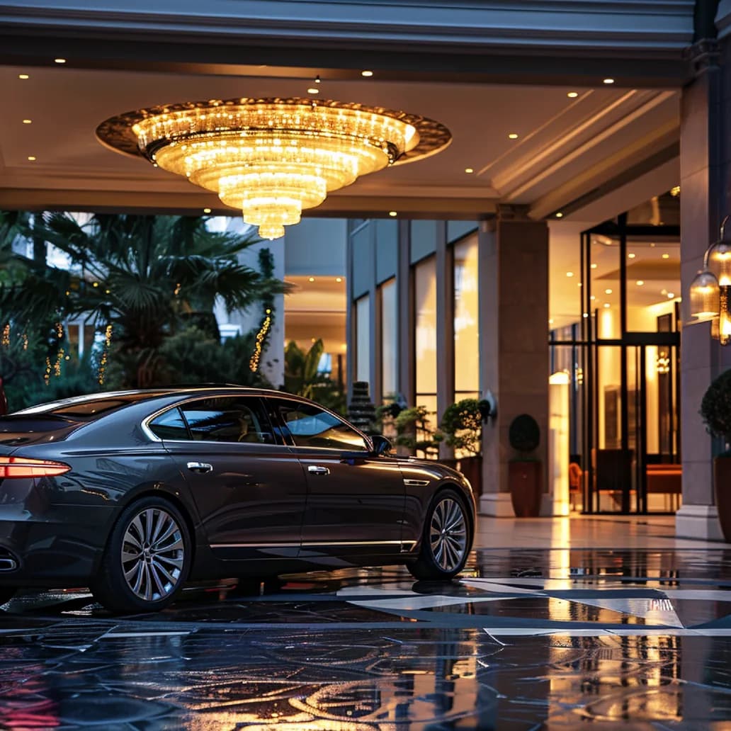 A luxury sedan waiting outside a hotel entrance