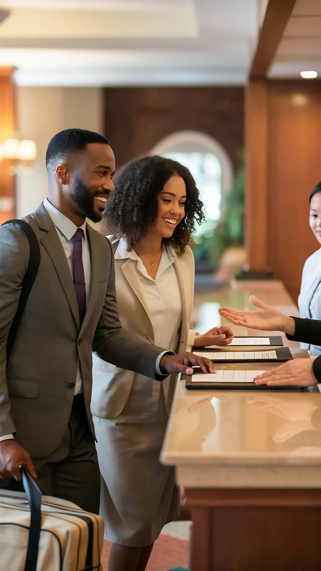 Hotel guests checking in with luggage at the reception desk