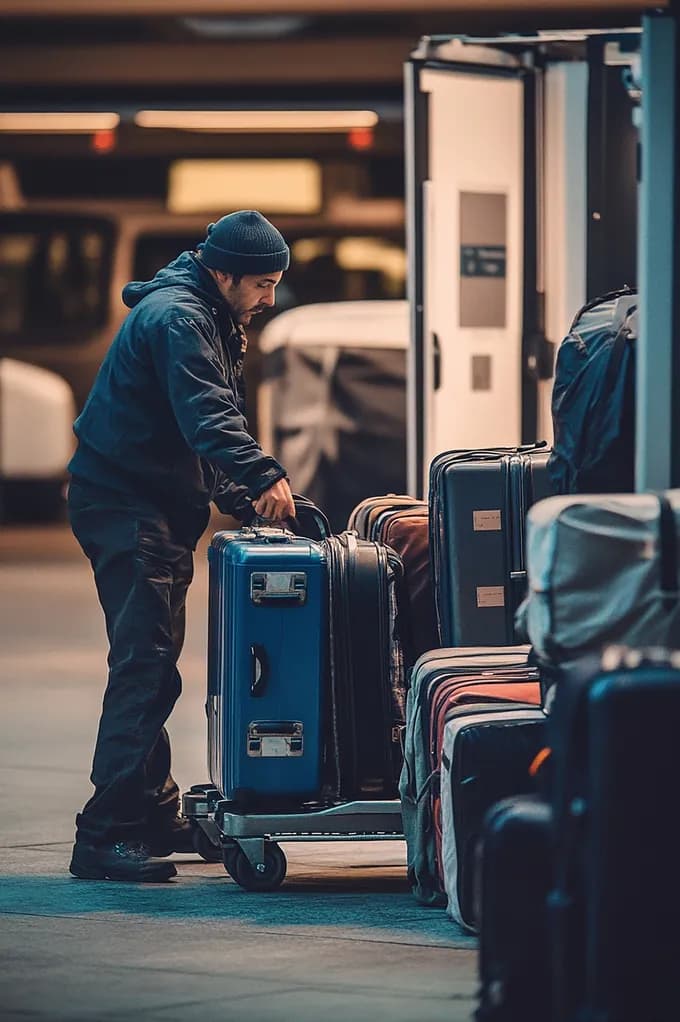 Airport staff loading suitcases onto a baggage cart