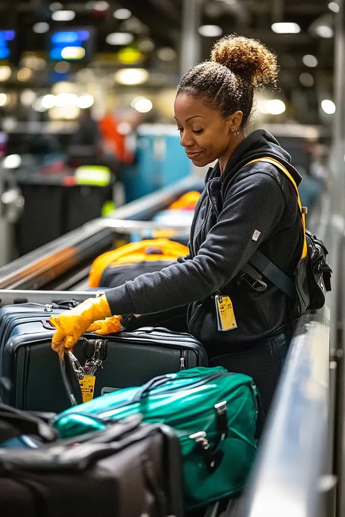 An airline agent tagging checked bags at the counter