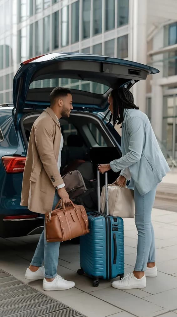 Travelers loading luggage into the boot of a waiting car