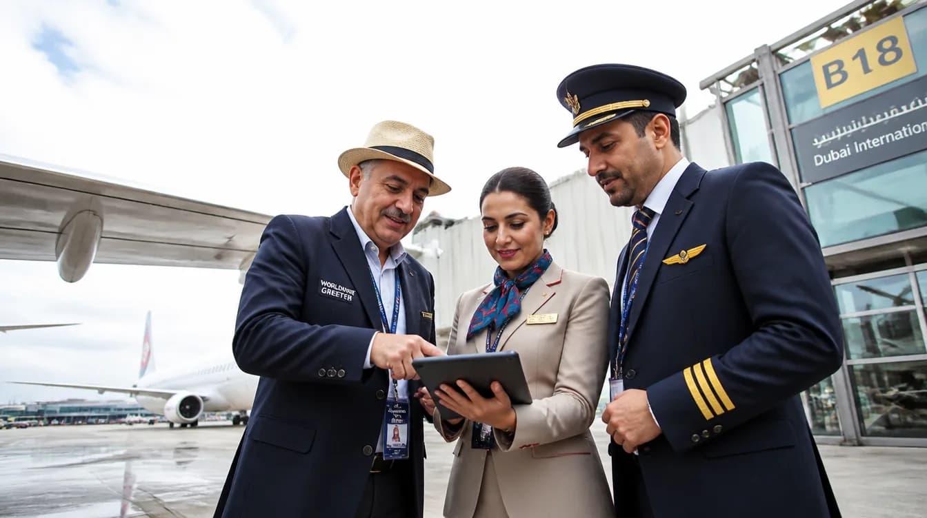 Airline crew reviewing a tablet together on the apron beside the terminal
