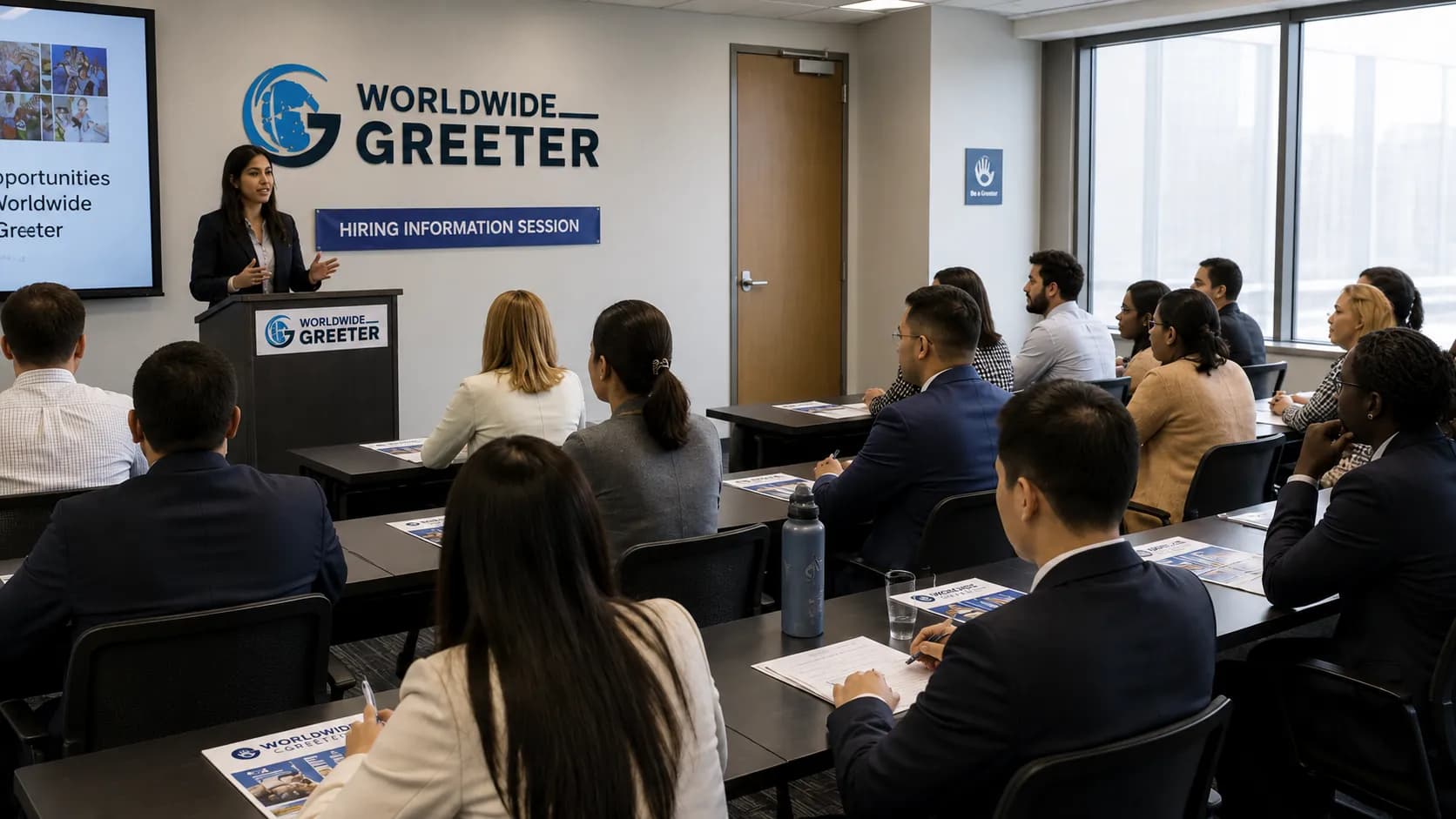 A presenter addressing attendees at a Worldwide Greeter hiring information session
