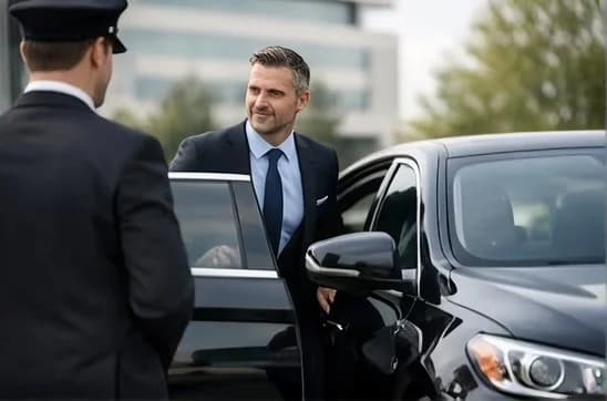 A chauffeur holding the car door open for a traveler at the terminal curbside