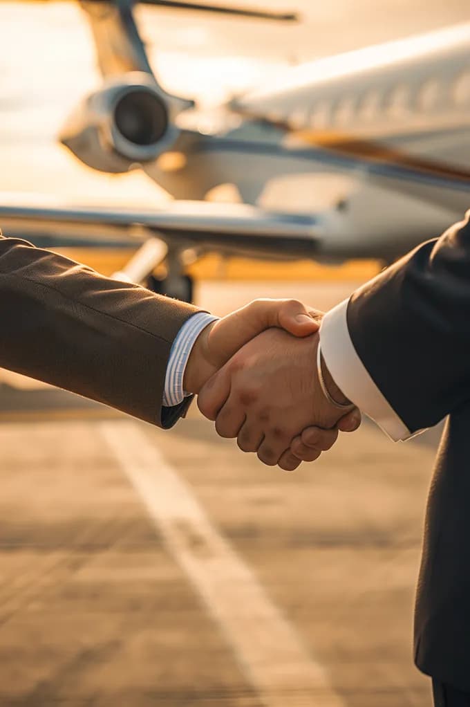 Two people shaking hands in front of a private jet